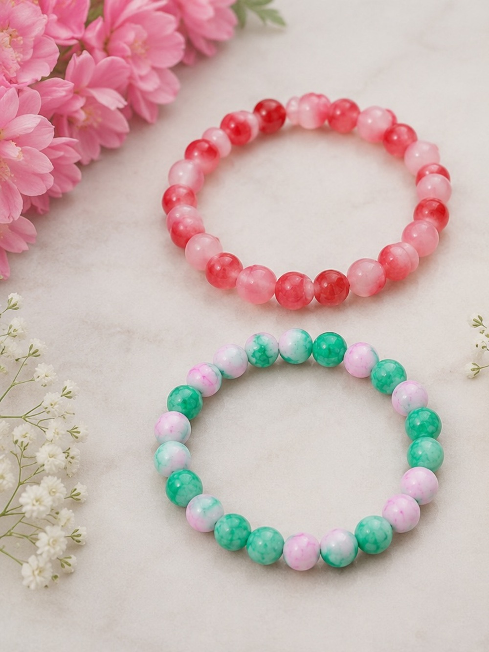 Pink & Green Beaded Stretch Bracelet Duo